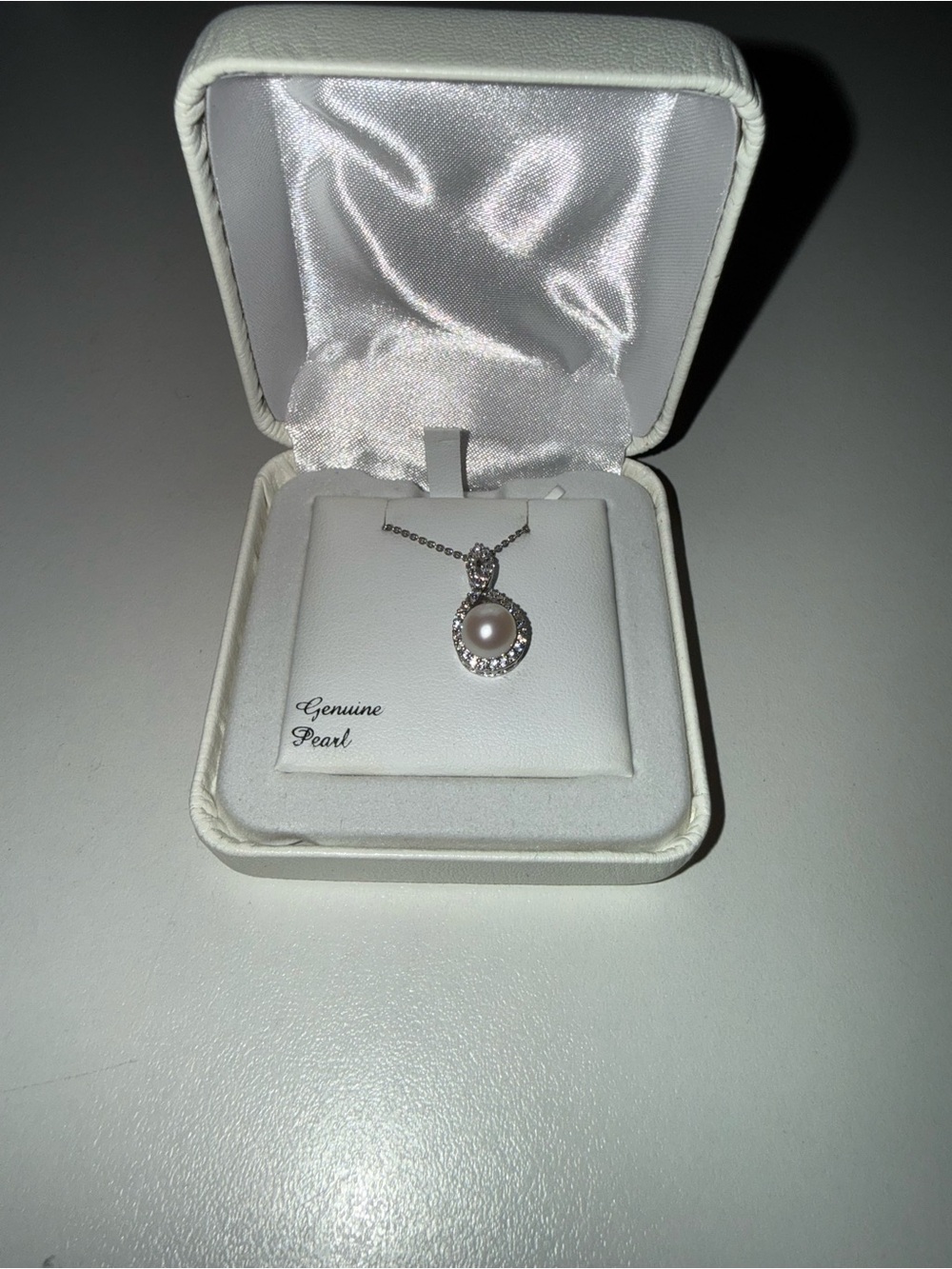 Genuine Pearl Silver Halo Pendant Necklace - White